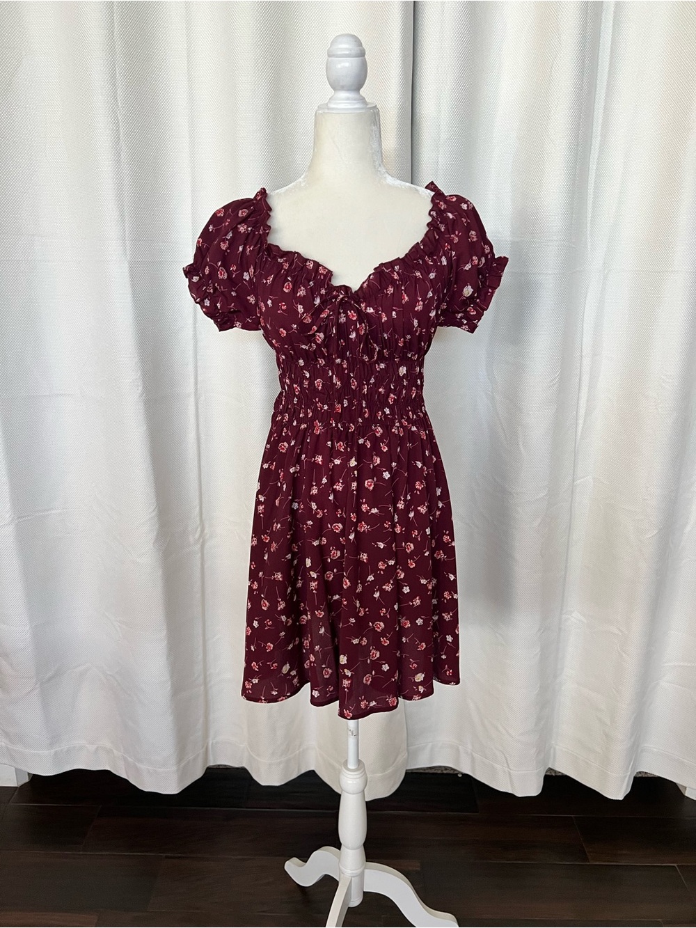 Smocked Burgundy Floral Puff-Sleeve Dress - Women